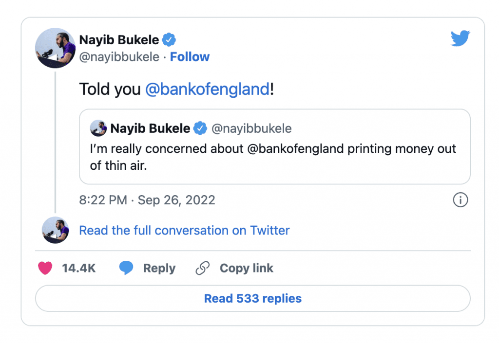 Nayib Bukele recently mocking the Bank of England